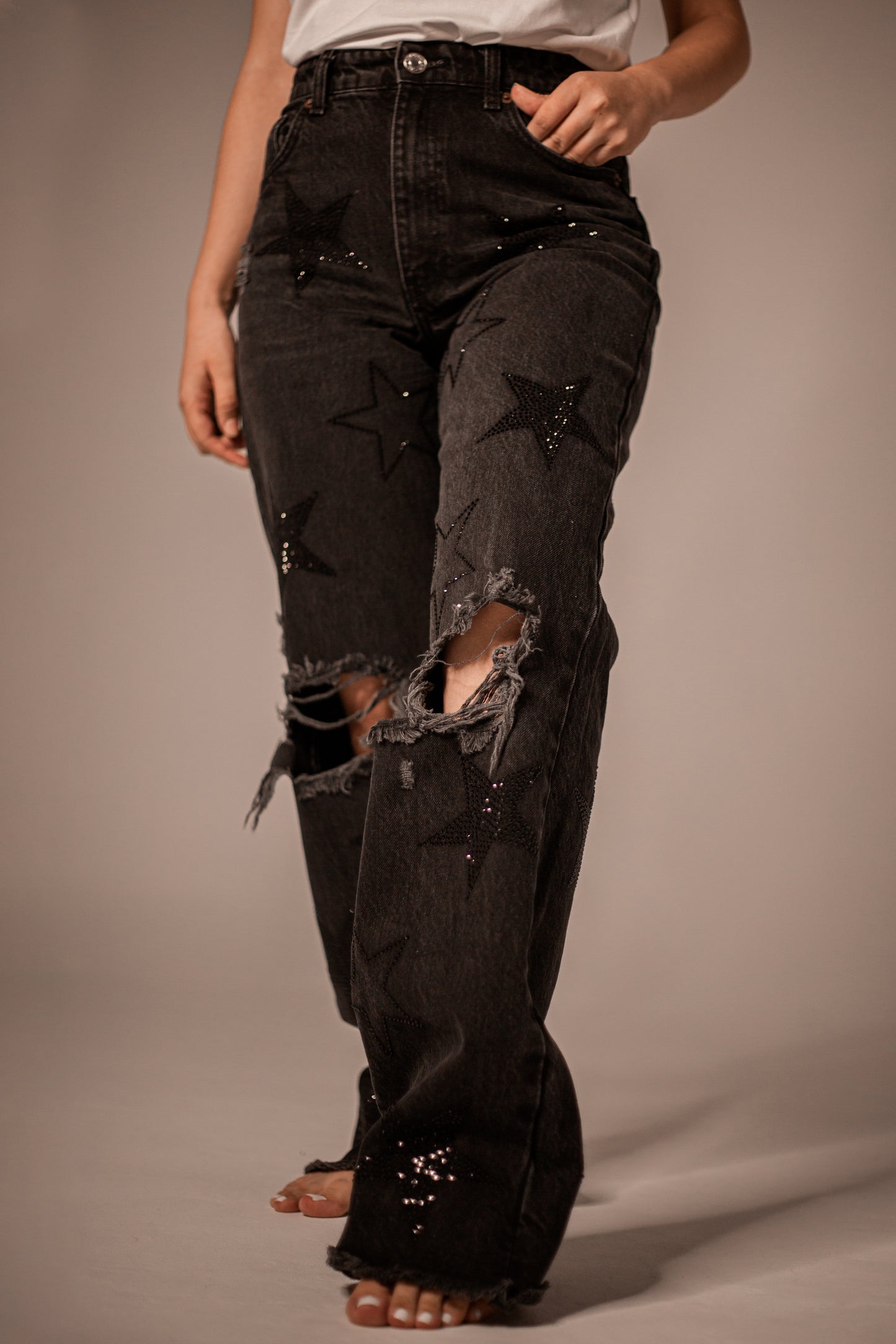 Jean Black Star Llenas Y Vacias Wide Leg High Rise