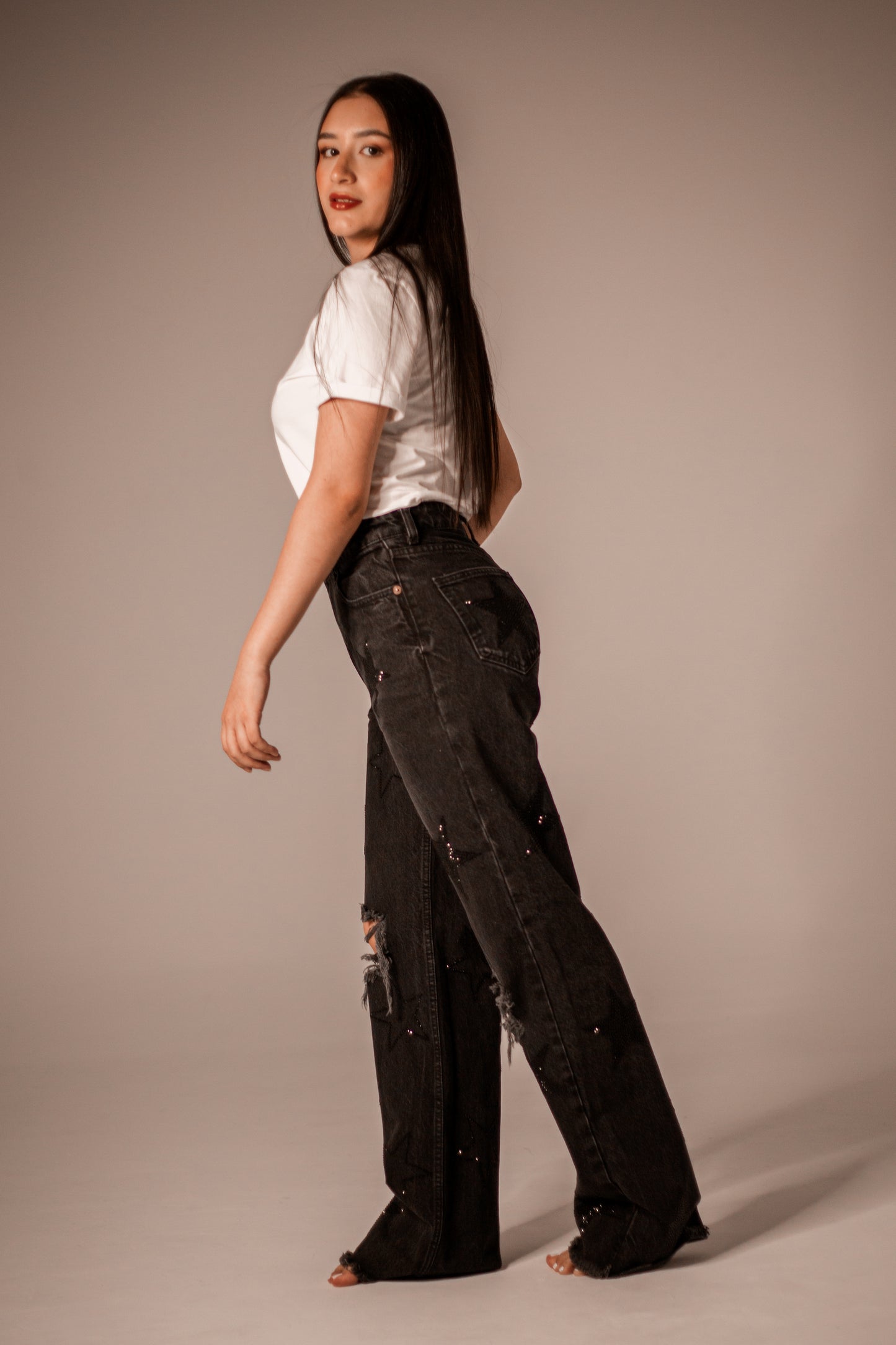 Jean Black Star Llenas Y Vacias Wide Leg High Rise