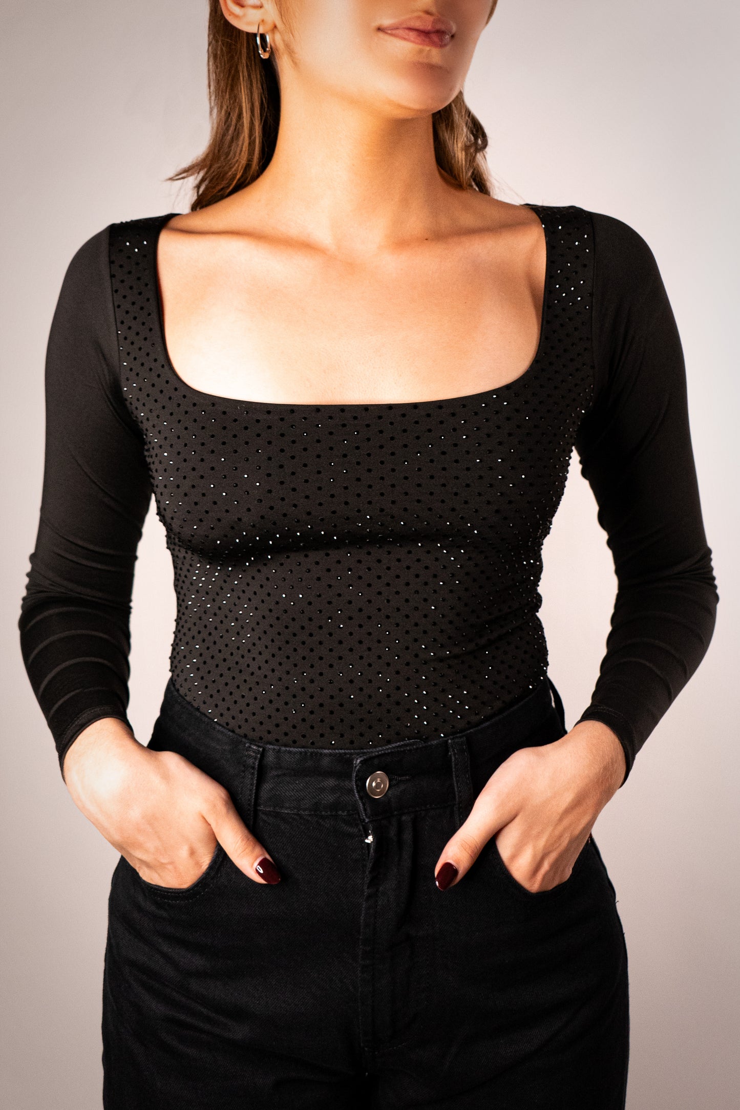 Body Manga Larga Cuello Cuadrado Color Negro