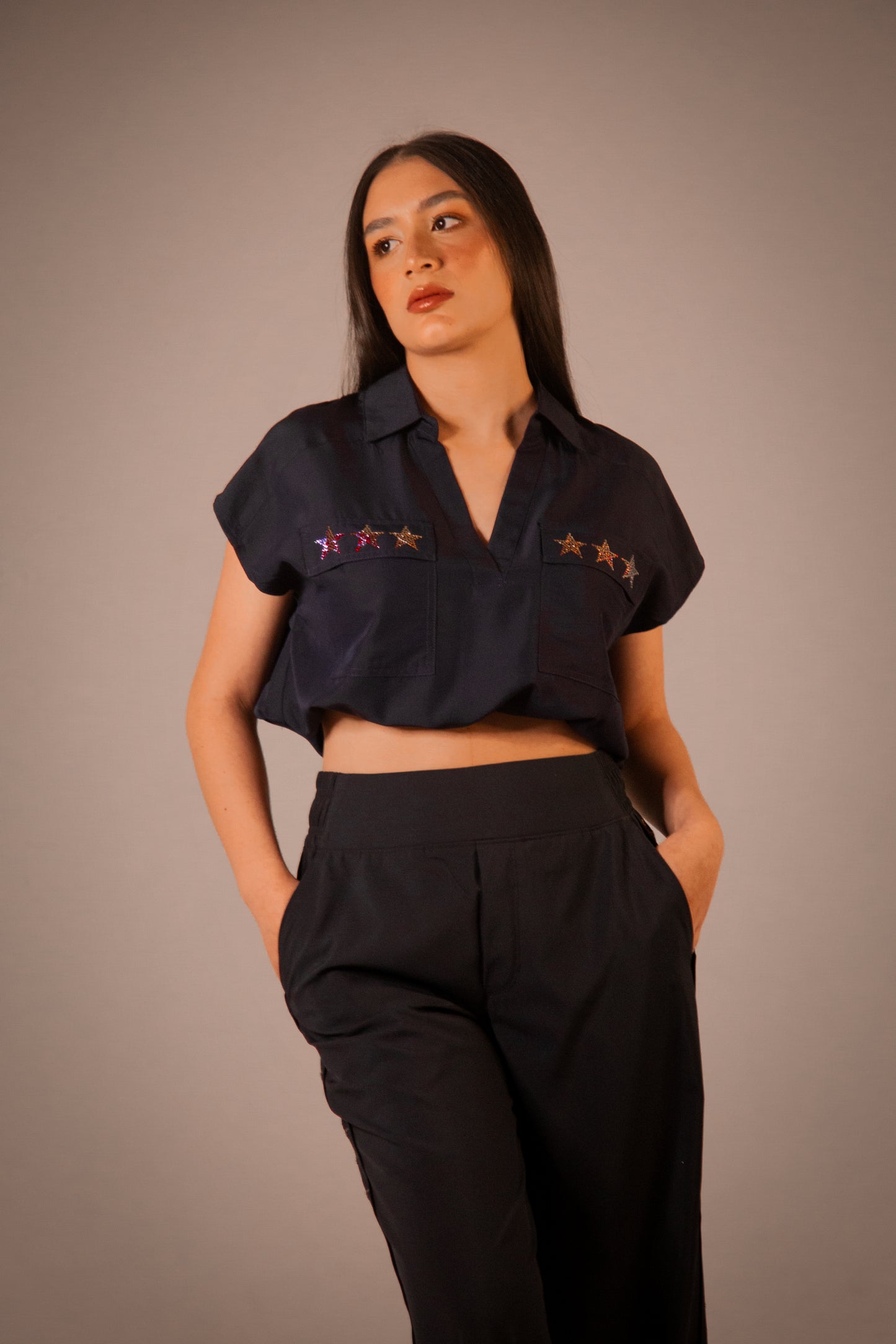 Set Star Lineas Color Azul Cuello En V