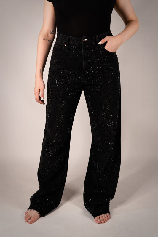 Jean Sparkle Color Negro Wide Leg High Rise