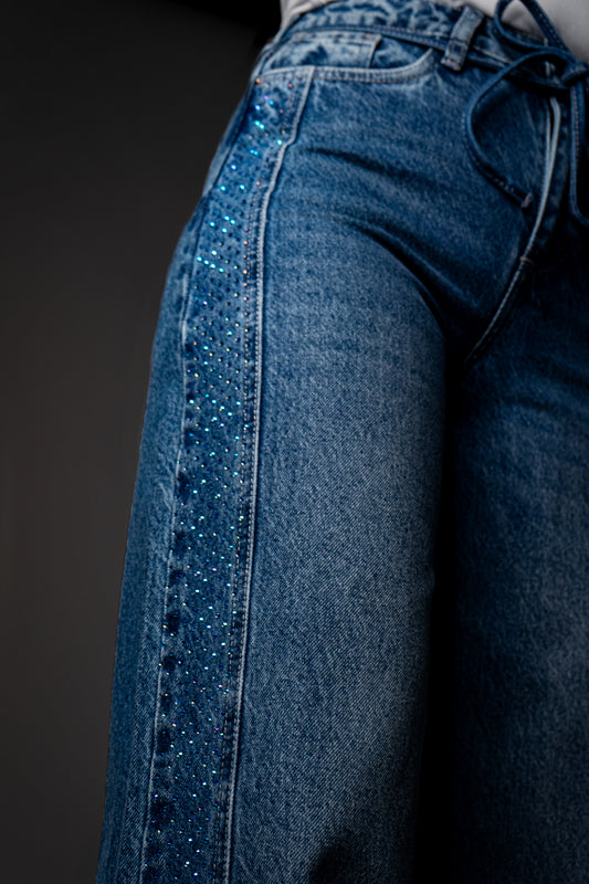 Jean Shiny Storm Laterales Corte Mom Flare